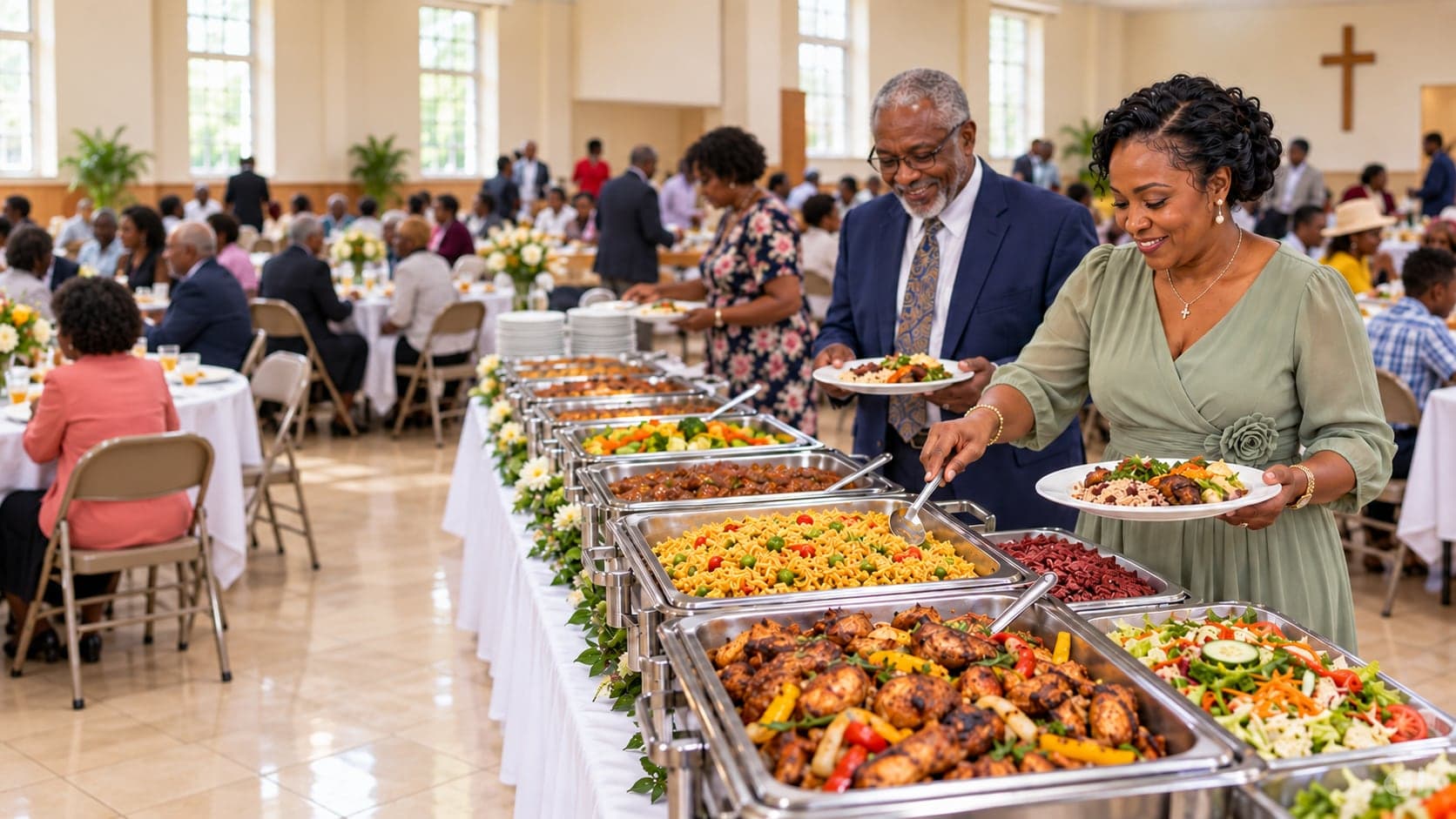 Church fellowship hall community feast in Cayman