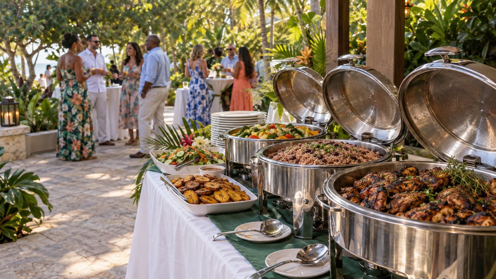 Caribbean garden buffet in soft afternoon light, catered in Grand Cayman