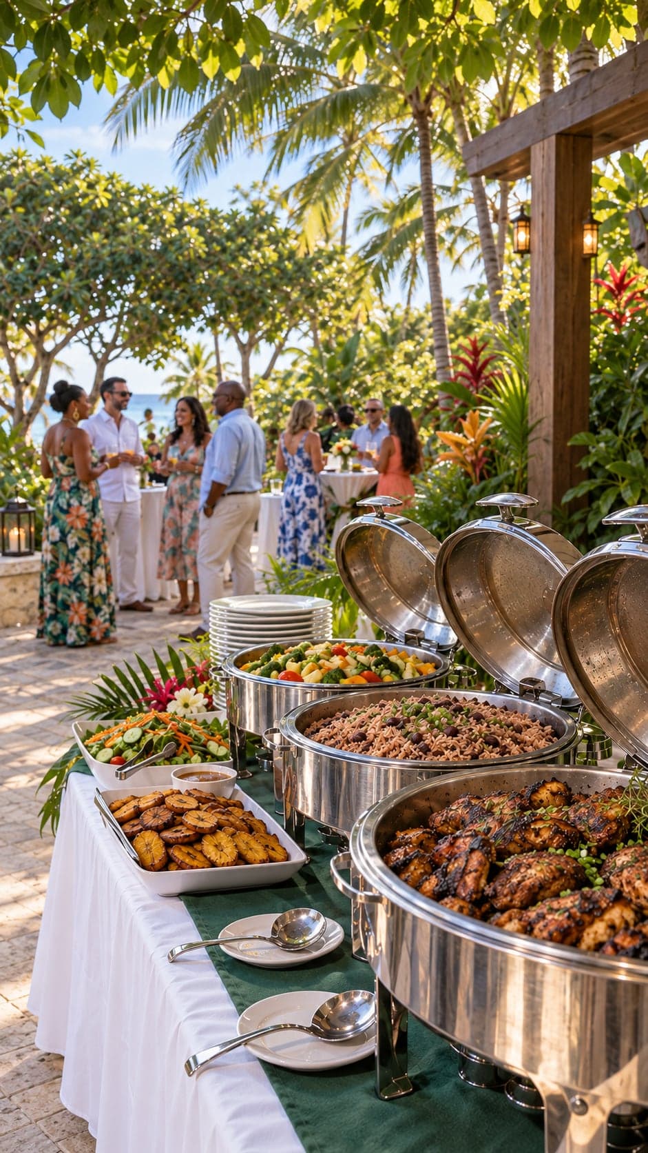 Island garden buffet spread catered by Bread Fruit Tree