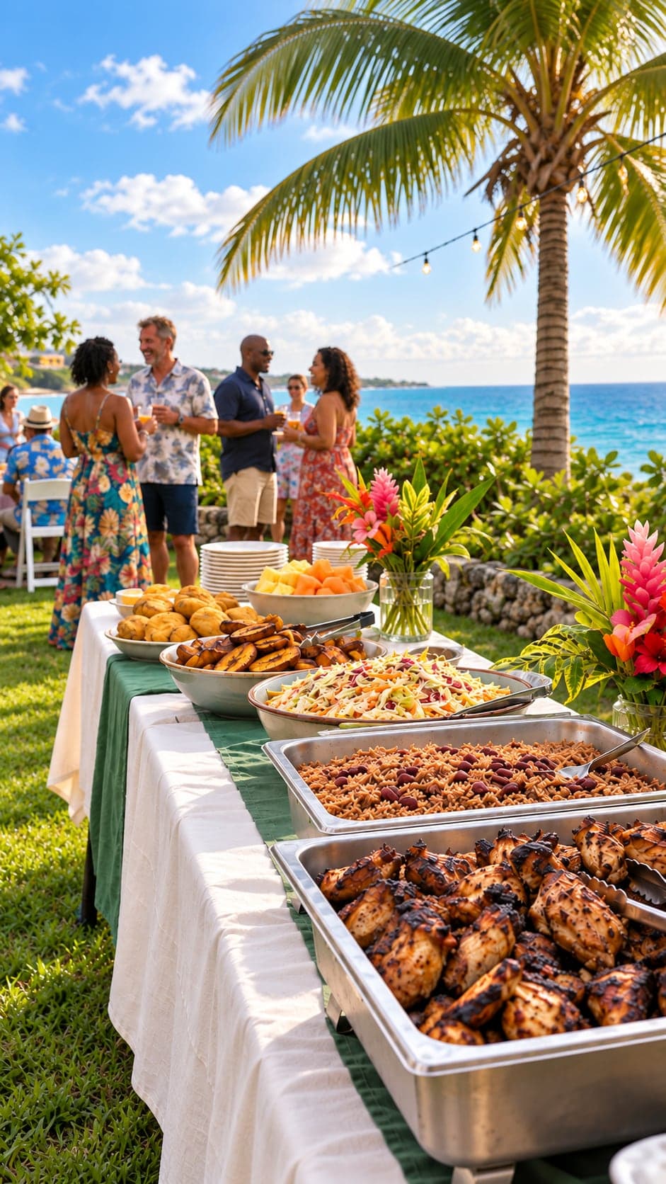 Caribbean seaside catering feast on a dressed table in Grand Cayman