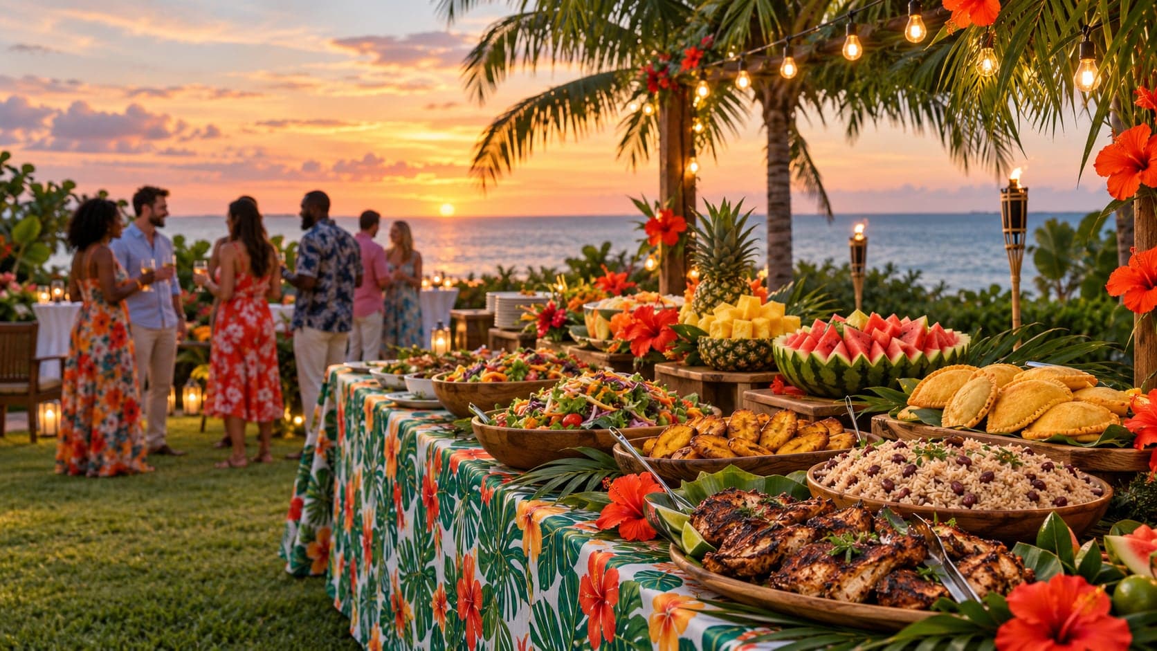 Caribbean sunset buffet by the sea in Grand Cayman