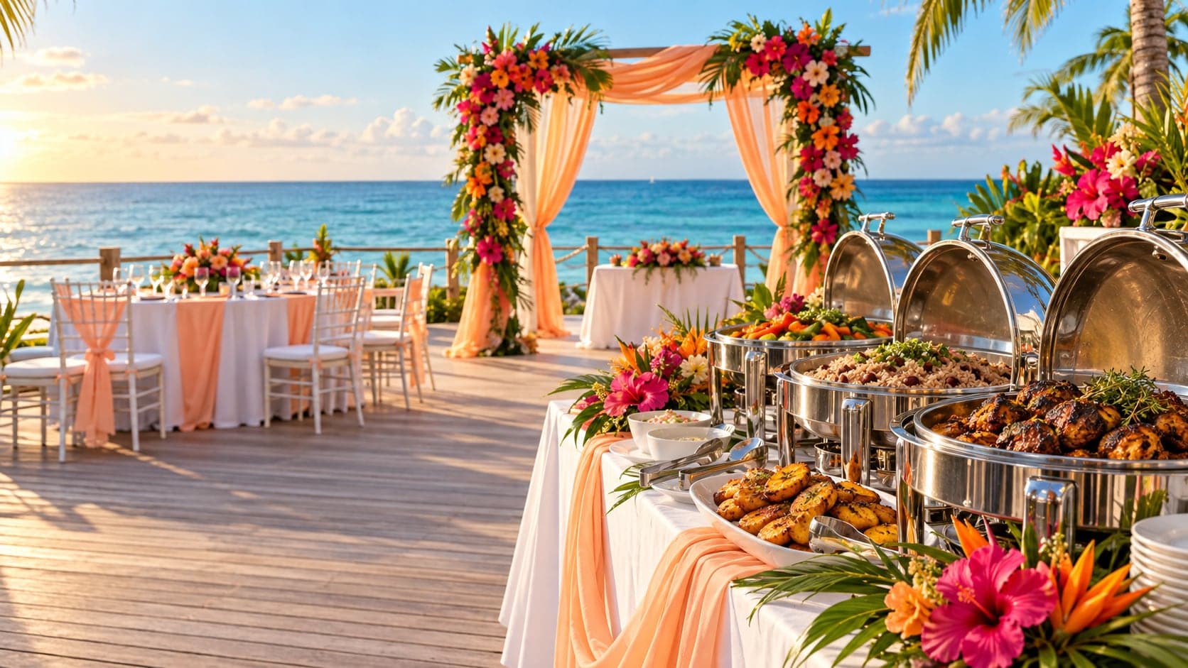 Tropical Cayman wedding buffet by the water