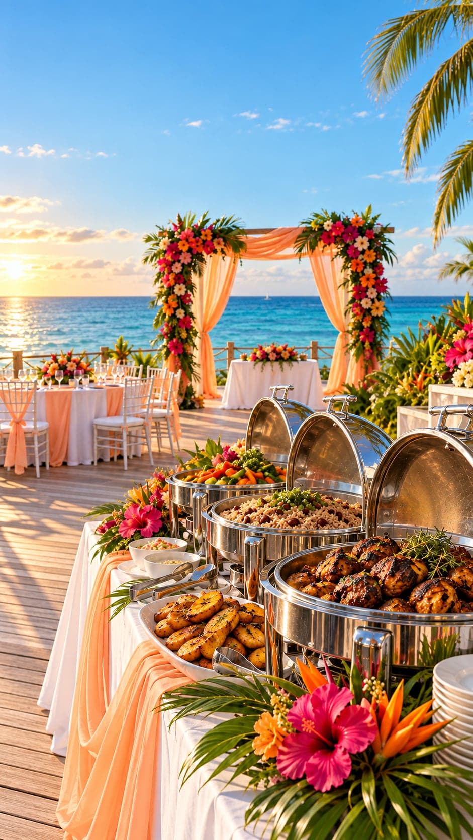 Tropical Cayman wedding buffet laid out by the sea