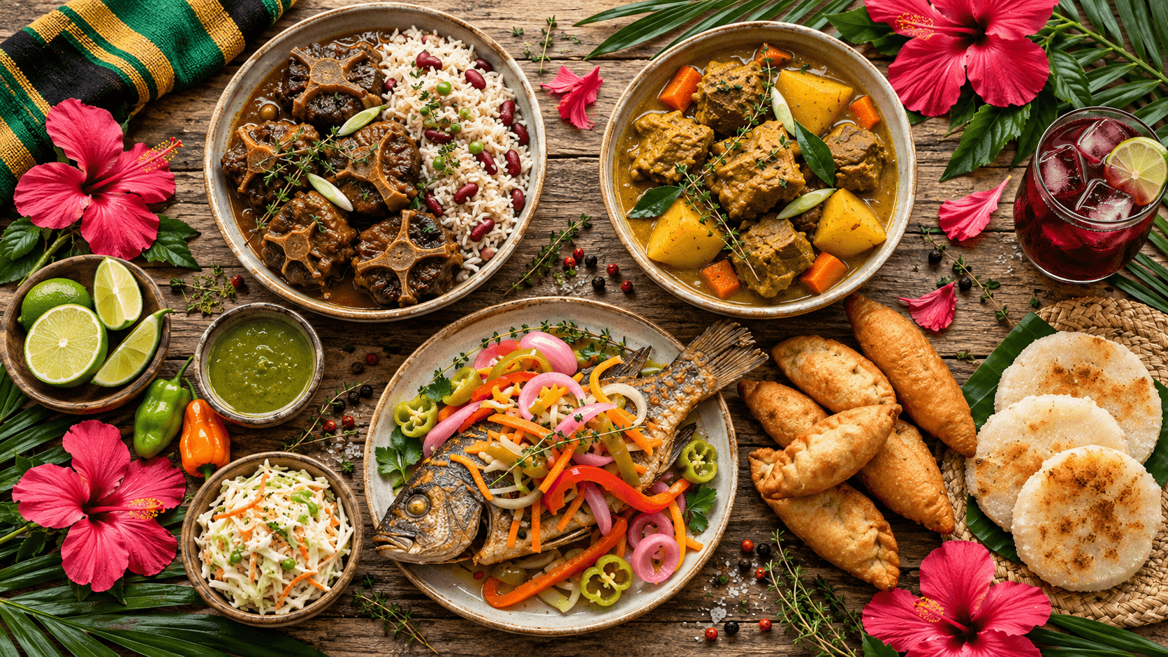 A table laid with Caribbean plates and drinks