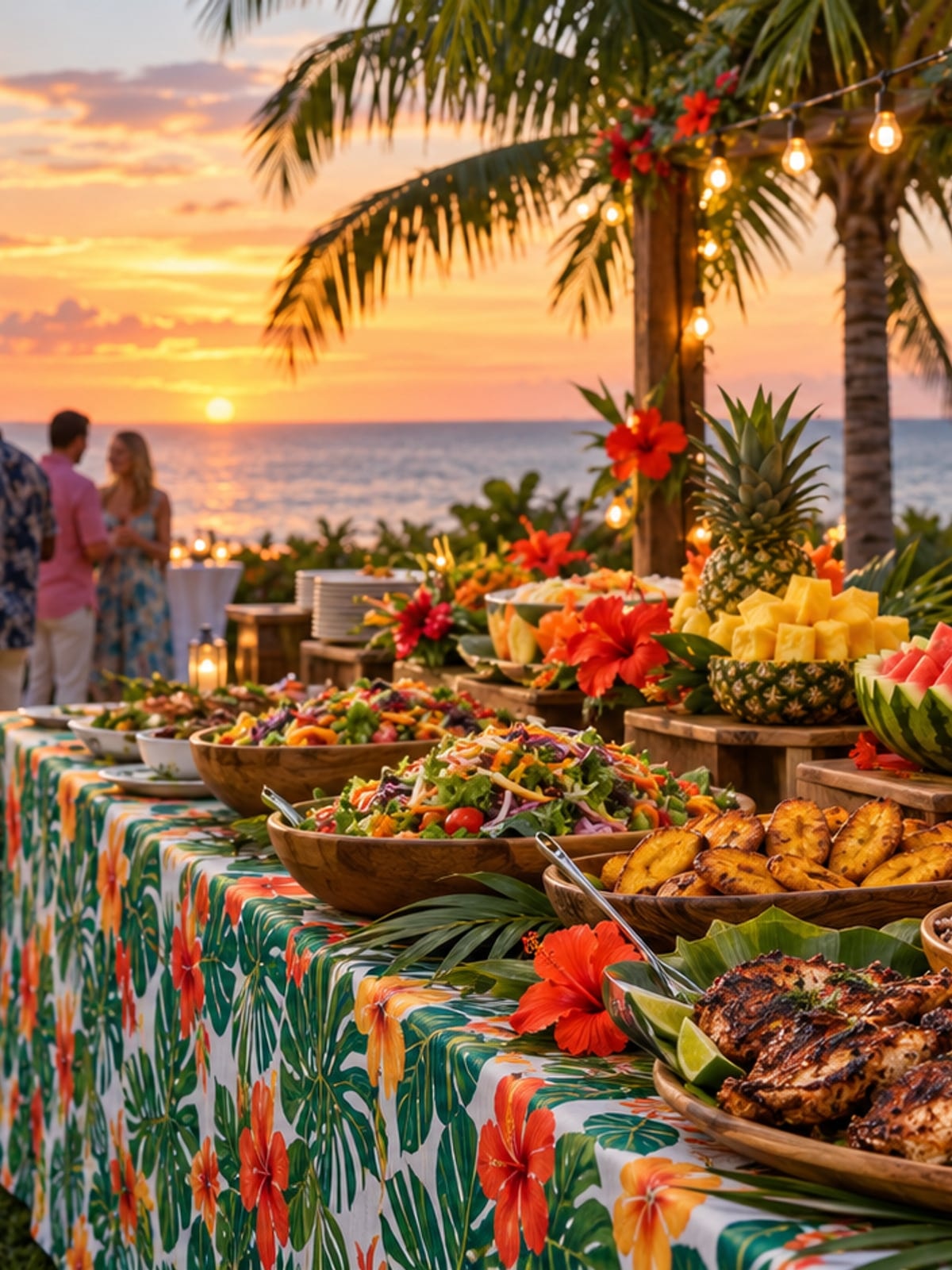 Caribbean sunset buffet by the sea, catered by Bread Fruit Tree in Grand Cayman